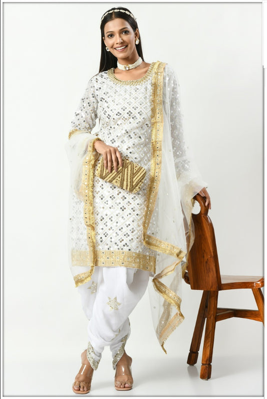 White Georgette Patiala Punjabi Suit With Sequins Work