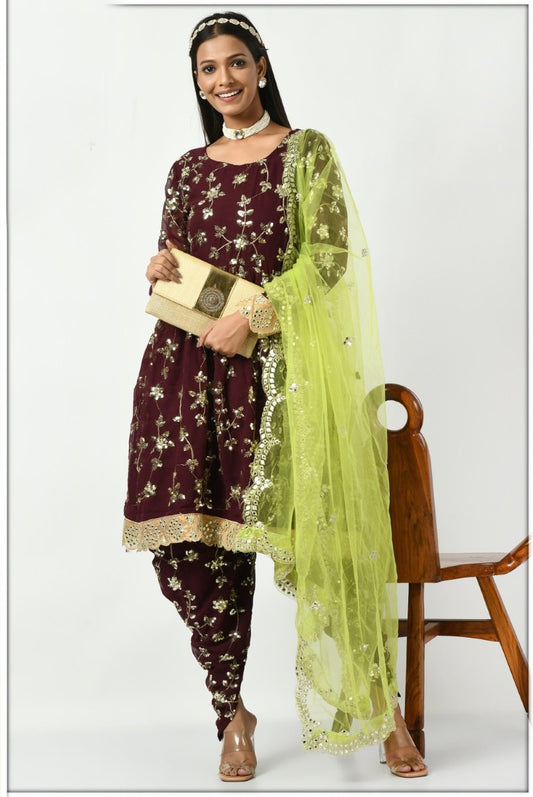 Wine Georgette Patiala Punjabi Suit With Sequins Work