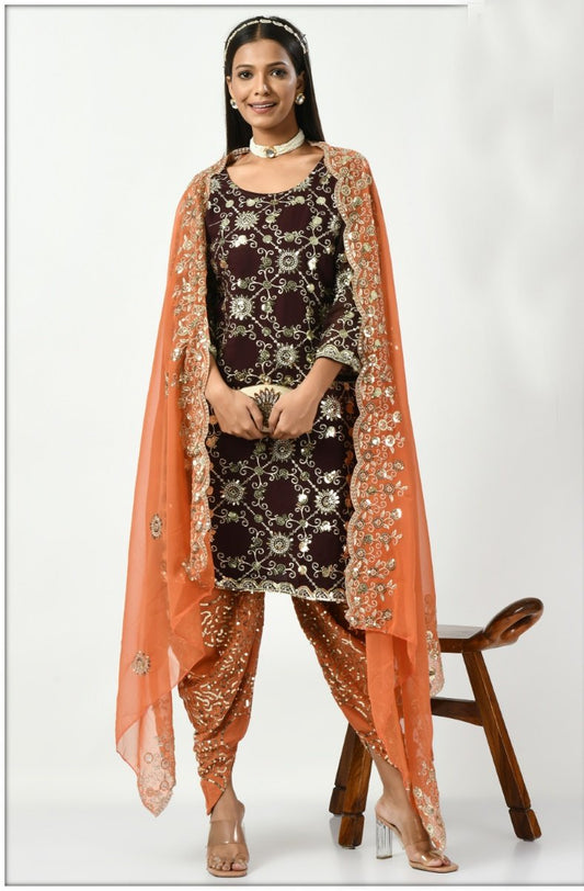 Wine Georgette Patiala Punjabi Suit With Sequins Work