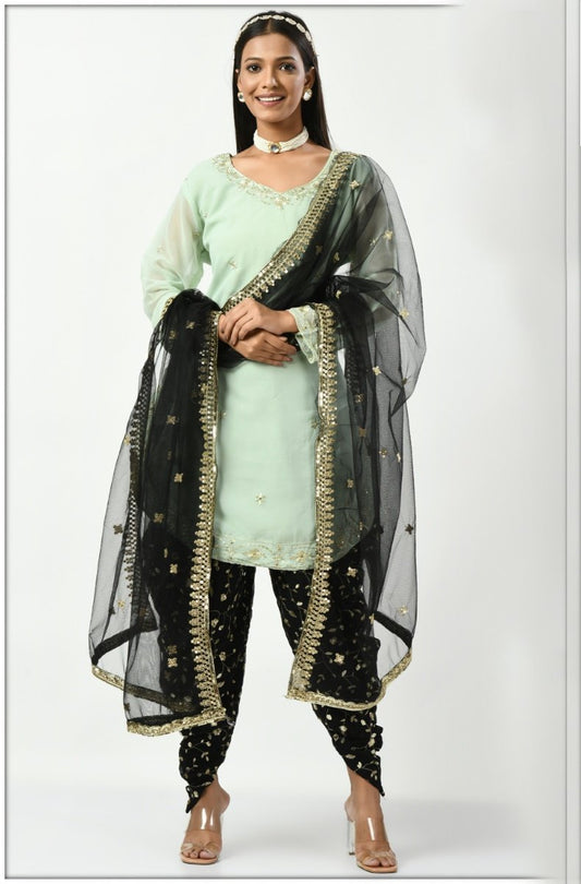 Light Green Georgette Patiala Punjabi Suit With Sequins Work