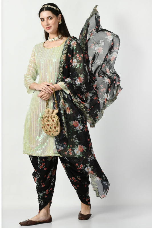 Pista Green Georgette Patiala Punjabi Suit With Sequins Work