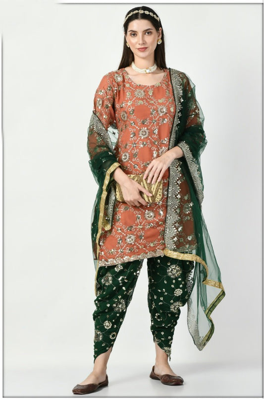 Orange Georgette Patiala Punjabi Suit With Sequins Work