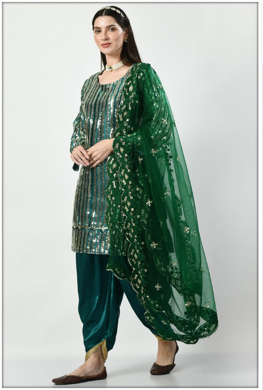 Green Georgette Patiala Punjabi Suit With Sequins Work