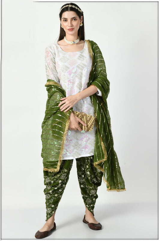 White Georgette Patiala Punjabi Suit With Sequins Work