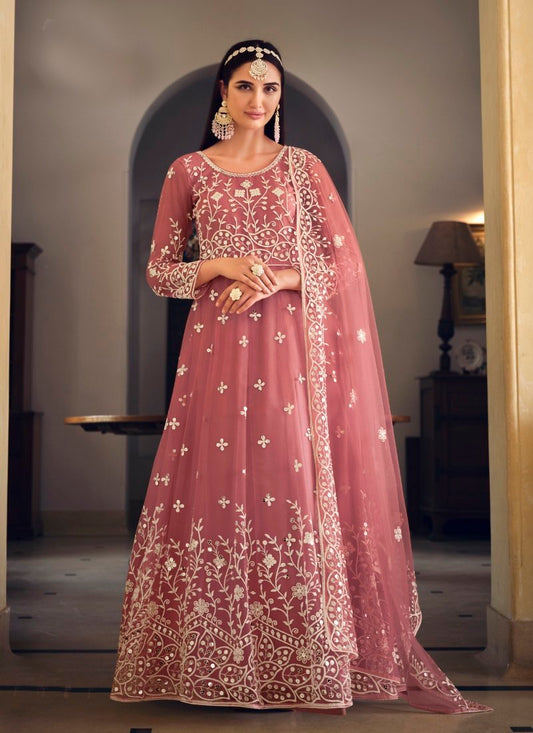 Light Purple Net Embroidered Anarkali Suit With Sequins Work