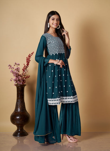 Green Georgette Sharara Suit With Embroidered and Mirror Work