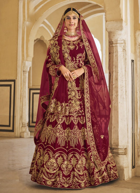 Maroon Velvet Anarkali Suit For Bridal With Embroidery Work & Zarkan Work