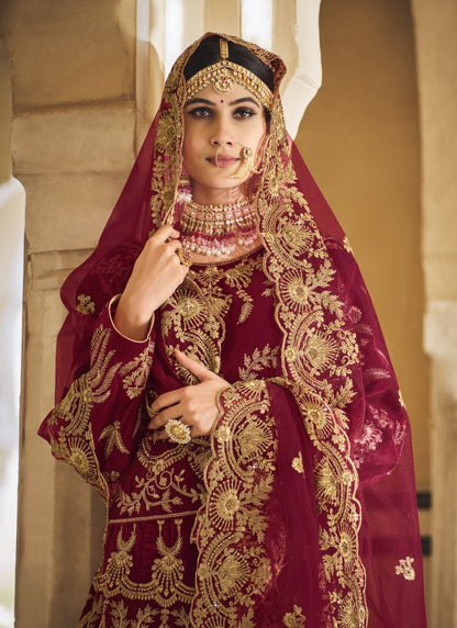 Maroon Velvet Anarkali Suit For Bridal With Embroidery Work & Zarkan Work-2