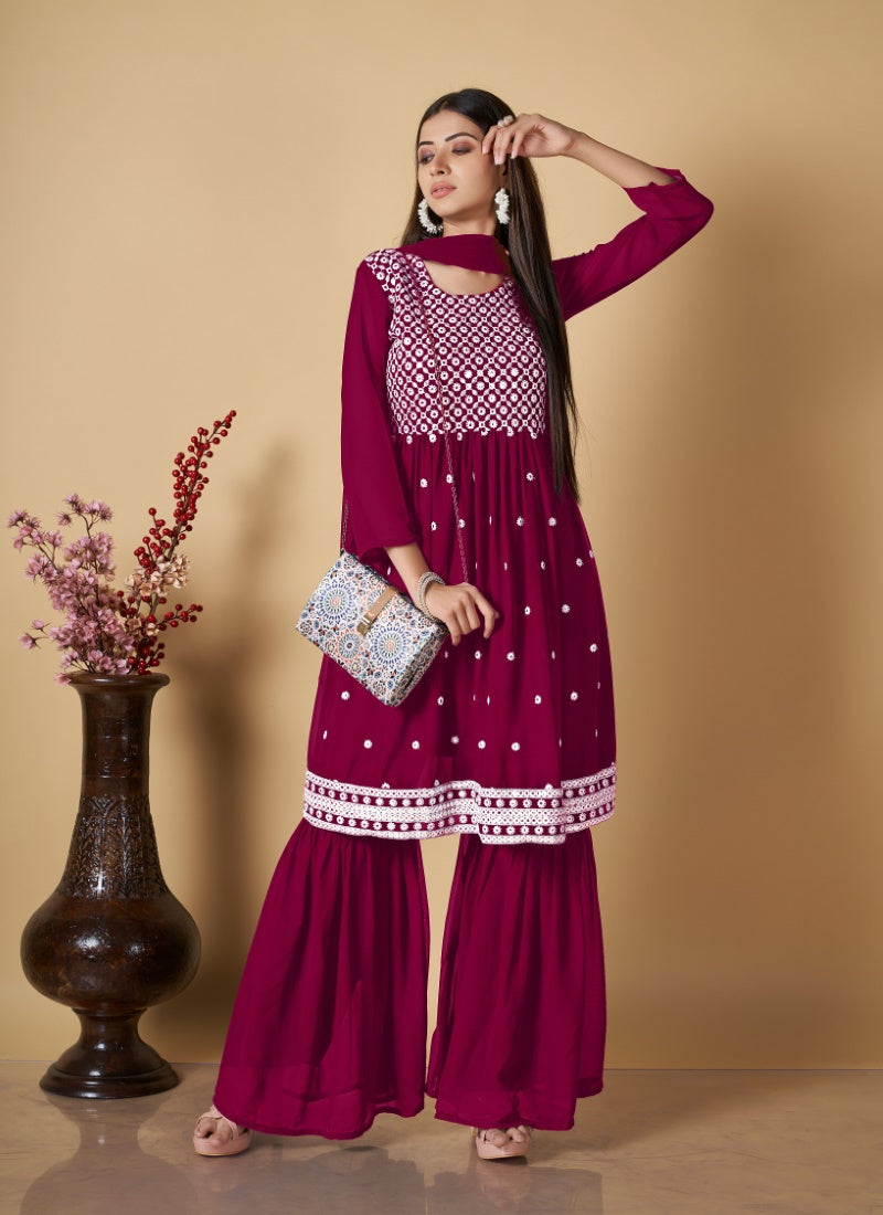 Maroon Georgette Sharara Suit With Embroidered and Mirror Work