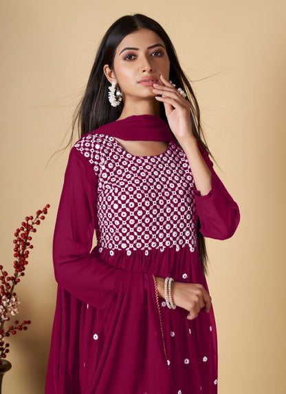 Maroon Georgette Sharara Suit With Embroidered and Mirror Work