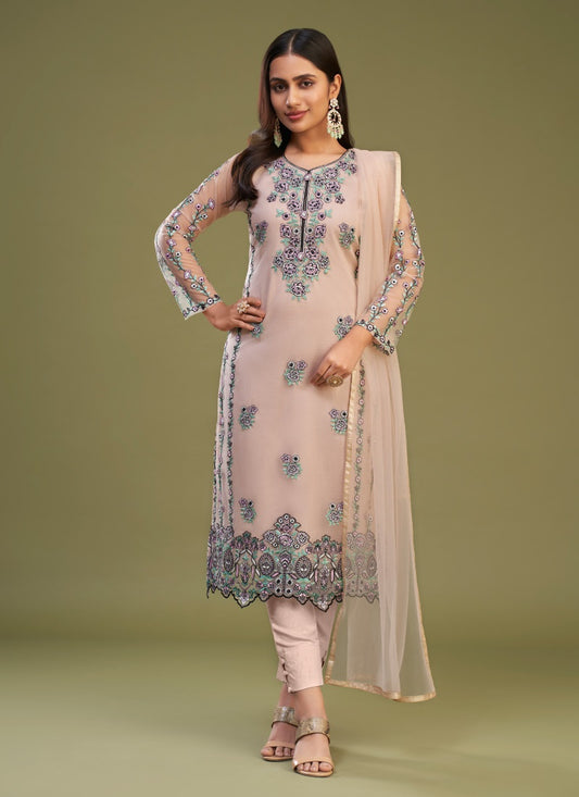 Peach Silk Pant Style Salwar Suit with Thread Work