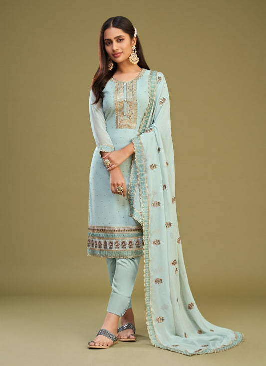 Aqua Blue Georgette Salwar Suit With Thread and Embroidery Work
