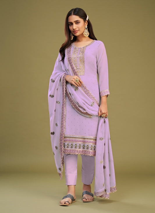 Lavender Georgette Salwar Suit With Thread and Embroidery Work