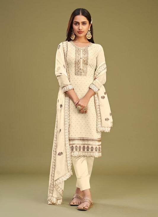 Beige Georgette Salwar Suit With Thread and Embroidery Work