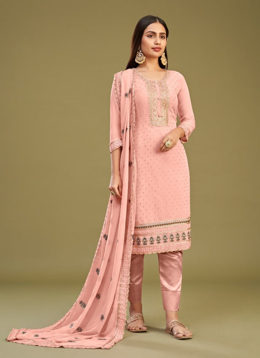 Peach Georgette Salwar Suit With Thread and Embroidery Work