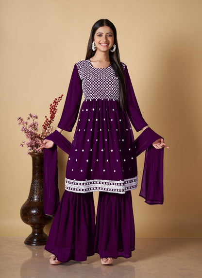 Purple Georgette Sharara Suit With Embroidered and Mirror Work