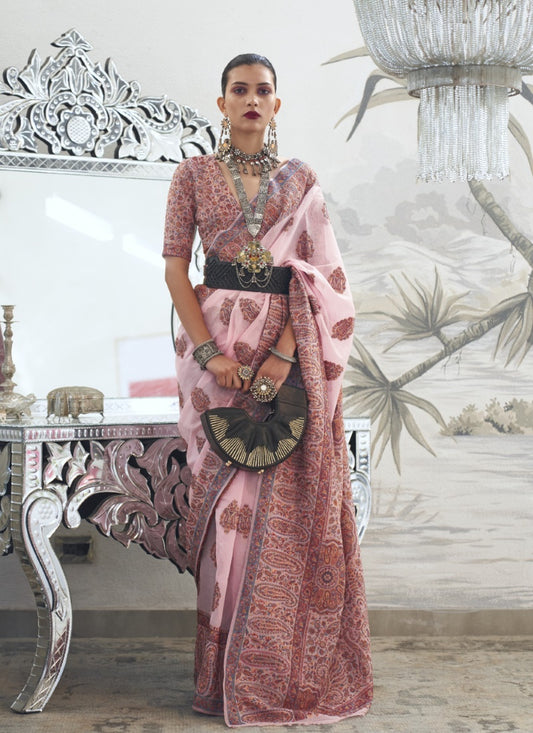 Pink Silk Floral Handloom Weav Saree