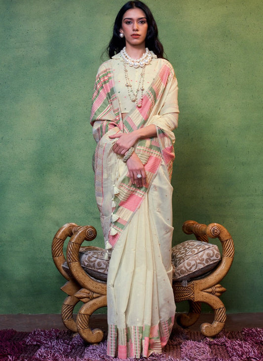 Off White Silk Handwoven Saree With Collar Blouse
