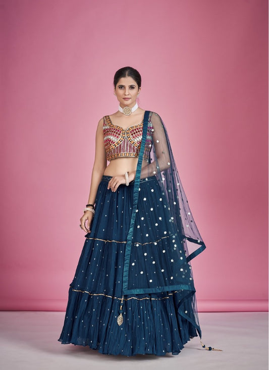 Navy Blue Georgette Ghagra Choli With Thread, Sequins and Mirror Work