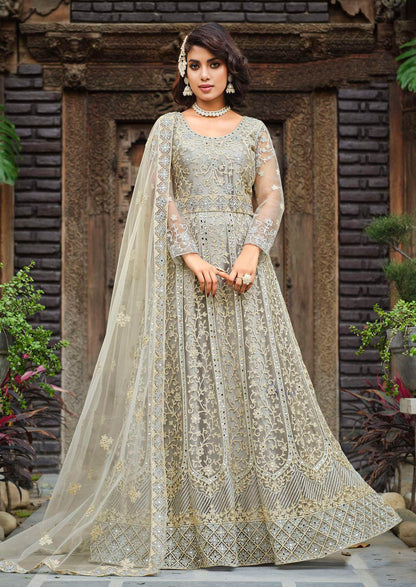 Beige Net Abaya Suit with Embroidery and Stone Work