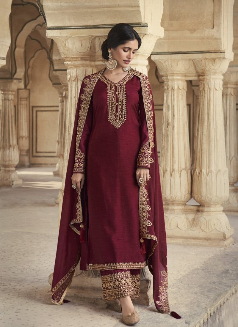 Maroon Silk Embroidered Straight Cut Palazzo Suit