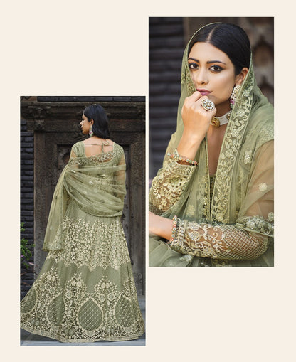 Olive Green Net Abaya Suit with Embroidery and Stone Work