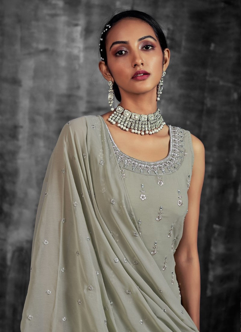 Olive Green Georgette Sharara Suit with Mirror, Zari and Thread Work