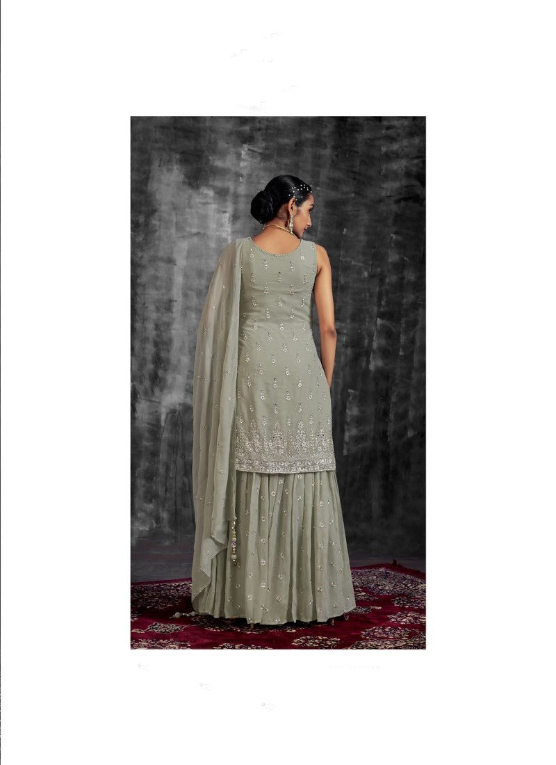 Olive Green Georgette Sharara Suit with Mirror, Zari and Thread Work