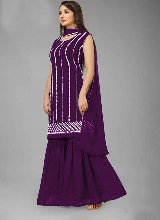 Purple Georgette Sharara Suit with Embroidery and Mirror Work