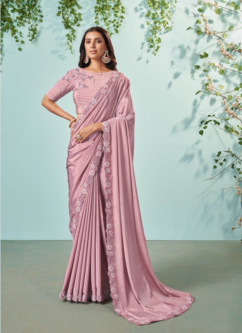 Peach Silk Embroidered Saree With Sequins Work