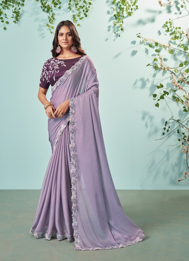 Light Purple Silk Embroidered Saree With Thread Work