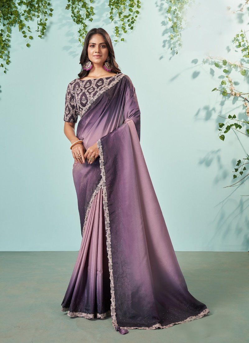 Purple Silk Embroidered Saree With Sequins, Stone and Thread Work