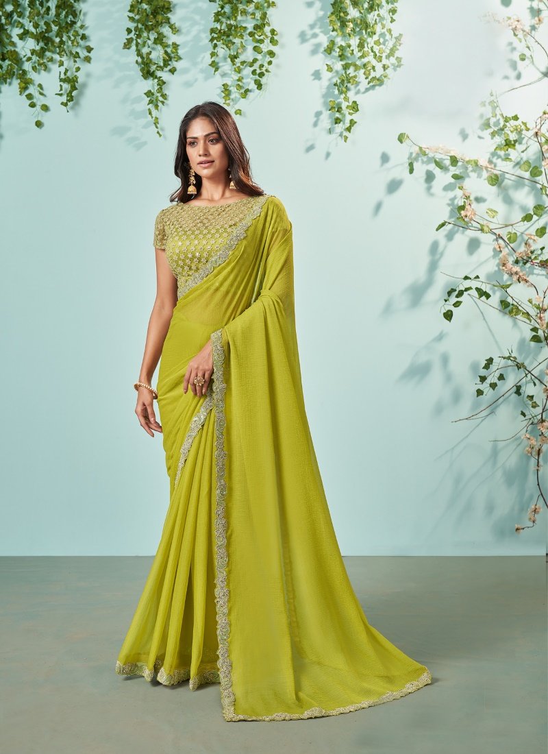Pista Green Chiffon Embroidered Saree With Sequins, Stone and Thread Work