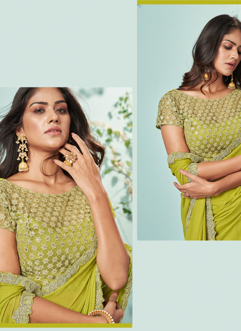 Pista Green Chiffon Embroidered Saree With Sequins, Stone and Thread Work