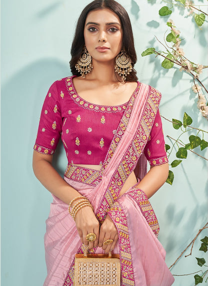 Pink Orangza Embroidered Saree With Sequins, Stone and Thread Work