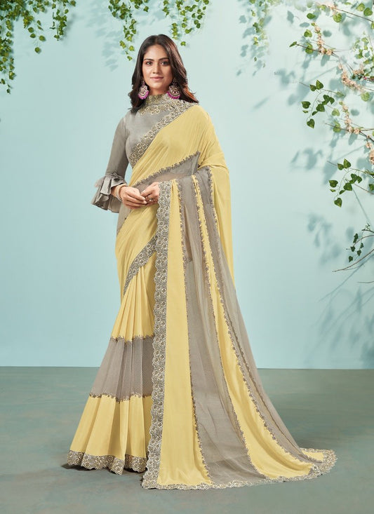 Yellow Silk Embroidered Saree With Sequins, Stone and Thread Work