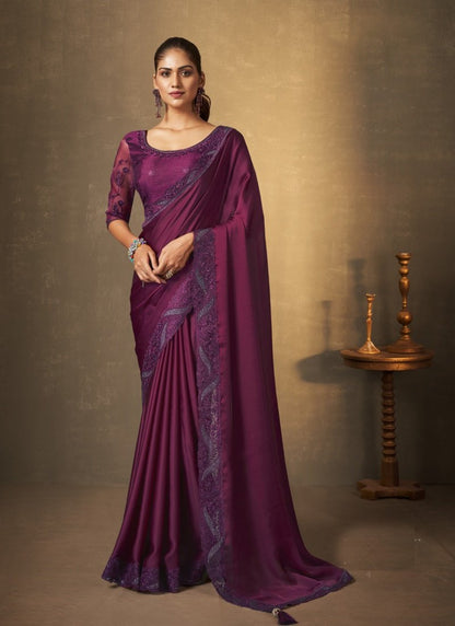 Purple Silk Saree With Thread and Swaroski Work