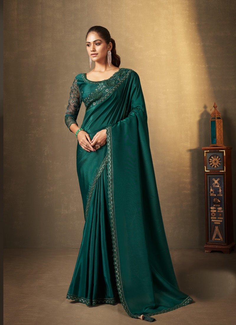Green Silk Saree With Thread and Swaroski Work