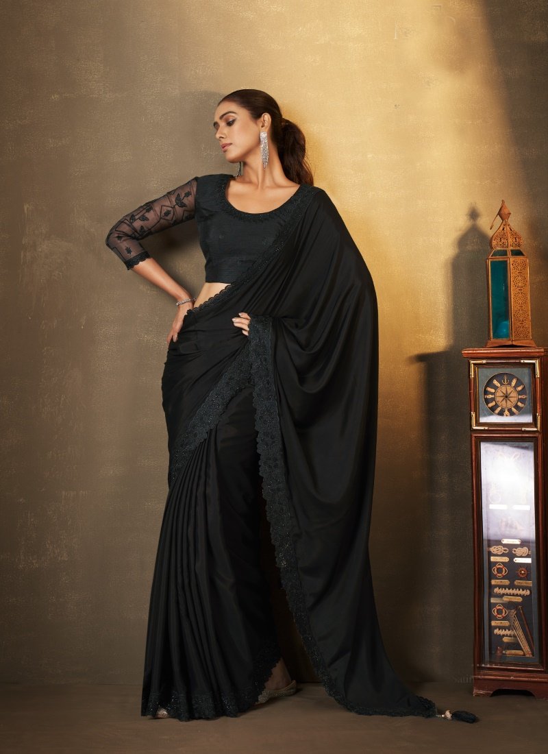 Black Silk Saree With Thread and Swaroski Work