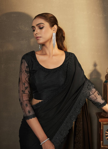 Black Silk Saree With Thread and Swaroski Work