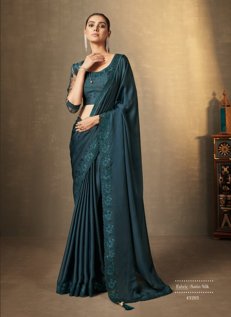 Teal Blue Silk Saree With Thread and Swaroski Work
