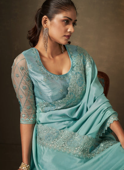Sky Blue Silk Saree With Thread and Swaroski Work