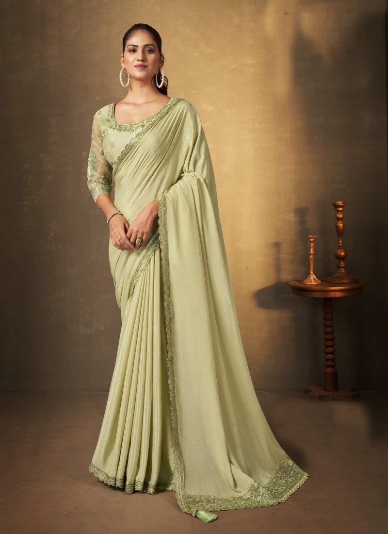 Pista Green Silk Saree With Thread and Swaroski Work