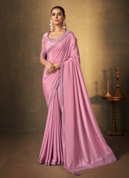 Pink Silk Saree With Thread and Swaroski Work