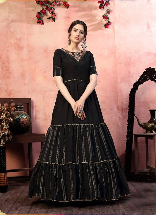 Black Silk Anarkali Gown With Sequins and Embroidery Work