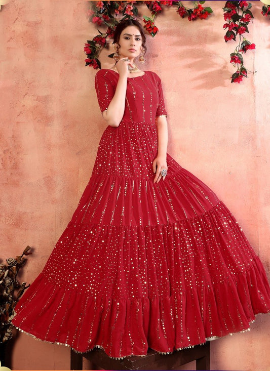 Red Georgette Anarkali Gown With Sequins and Embroidery Work