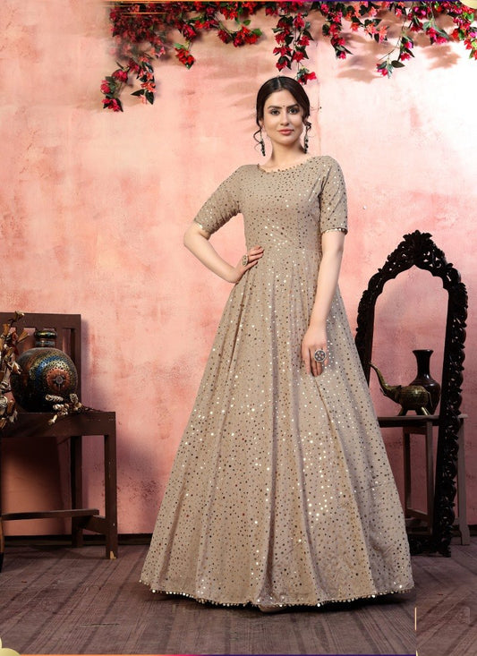 Beige Georgette Anarkali Gown With Sequins and Embroidery Work