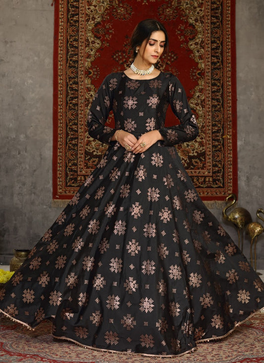 Black Taffeta Silk Anarkali Gown With Sequins and Embroidery Work