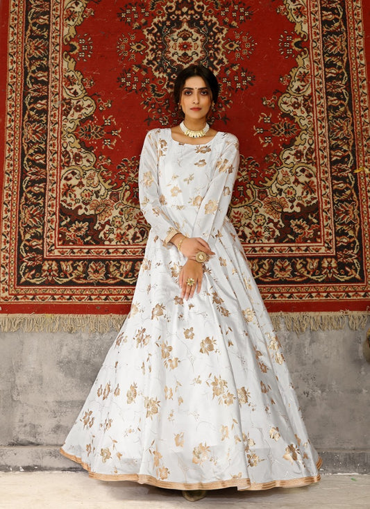 White Taffeta Silk Anarkali Gown With Sequins and Embroidery Work