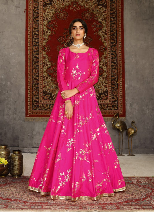 Pink Taffeta Silk Anarkali Gown With Sequins and Embroidery Work